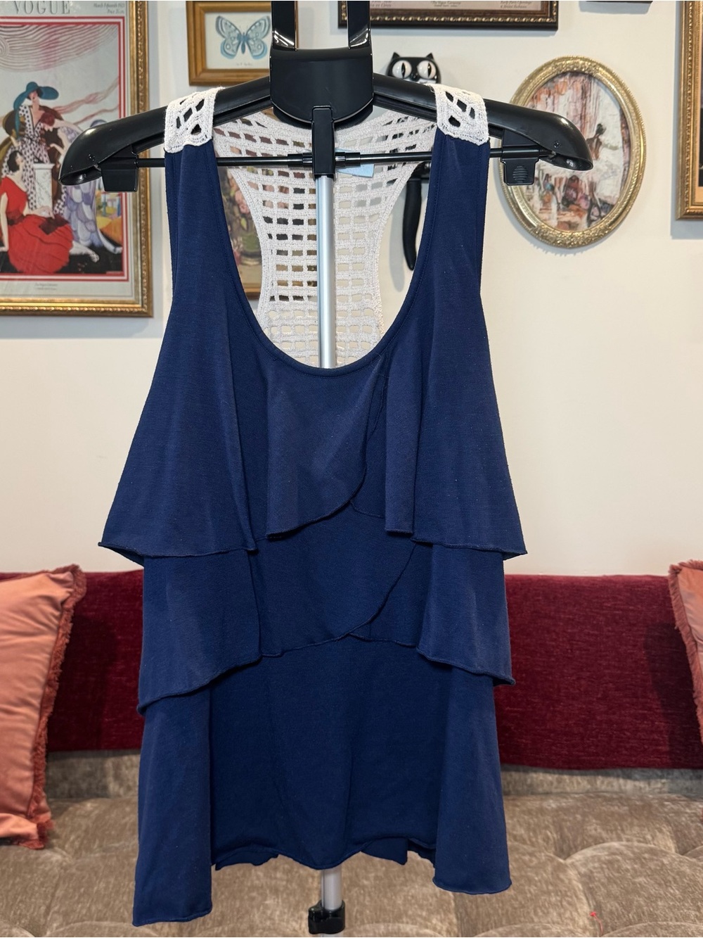 Navy Layered Tank with White Crochet Racerback